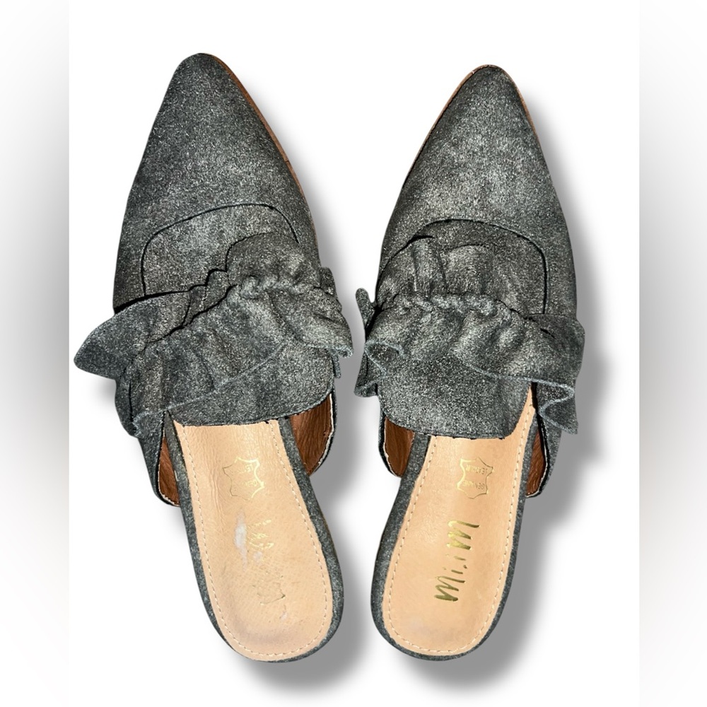 Pointed Toe Ruffled Slip-On Mules in Charcoal Gray